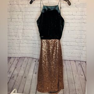 Gianni Bini Black Velvet and Gold Sequin Strapless Dress